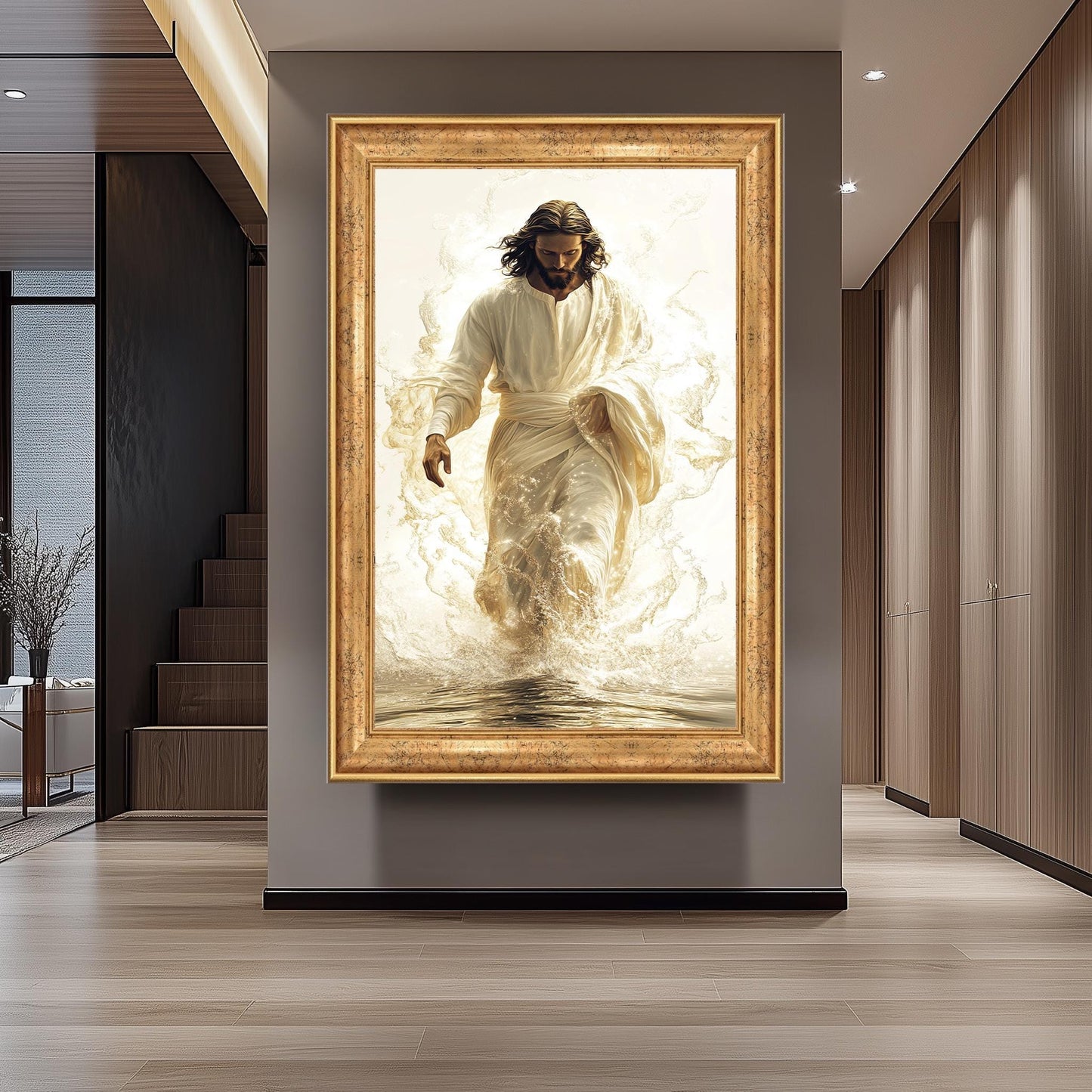 Jesus Walking on Water Canvas Print: Gold Christian Wall Art
