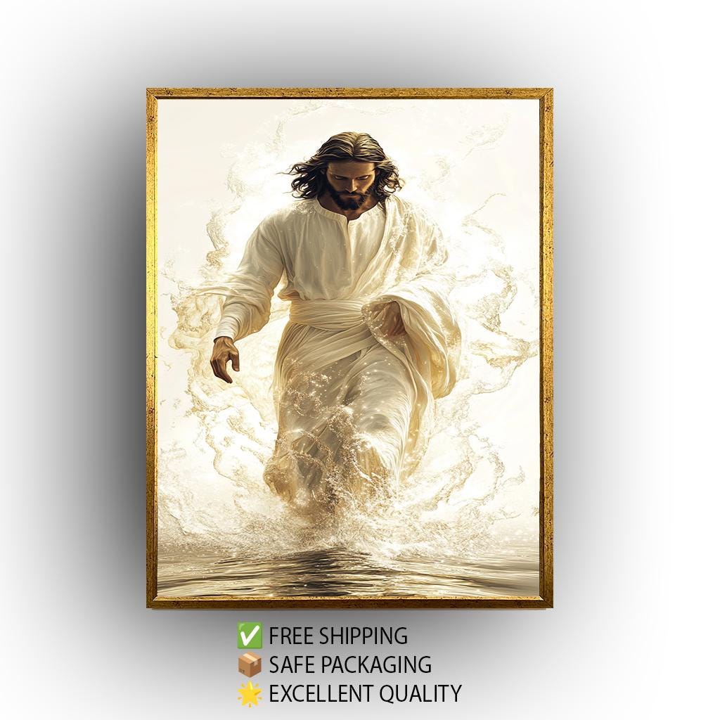 Jesus Walking on Water Canvas Print: Gold Christian Wall Art