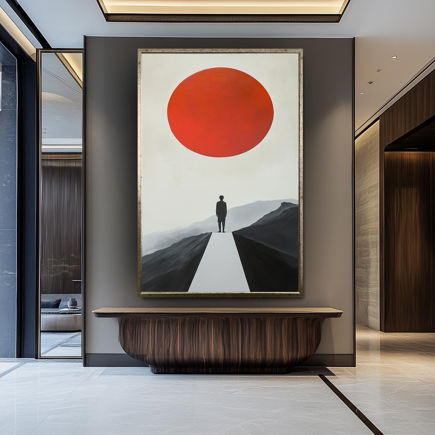 Minimalist Red Sun Landscape Art Print: Modern Surreal Decor