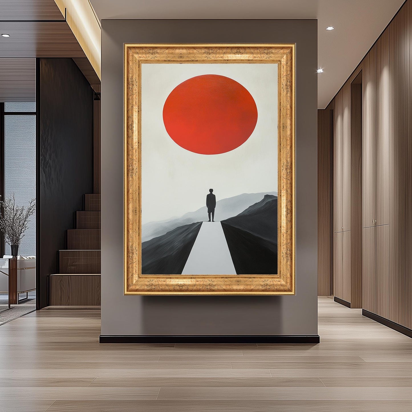 Minimalist Red Sun Landscape Art Print: Modern Surreal Decor