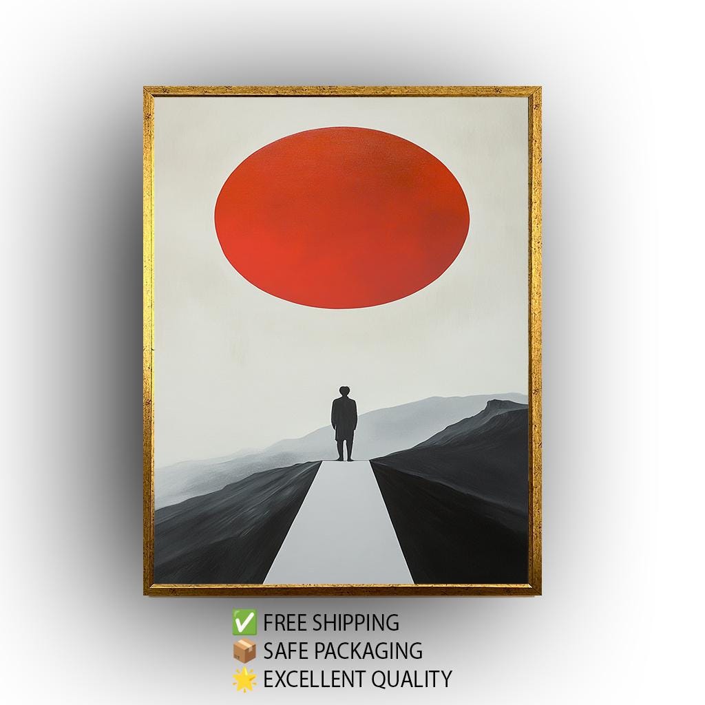 Minimalist Red Sun Landscape Art Print: Modern Surreal Decor