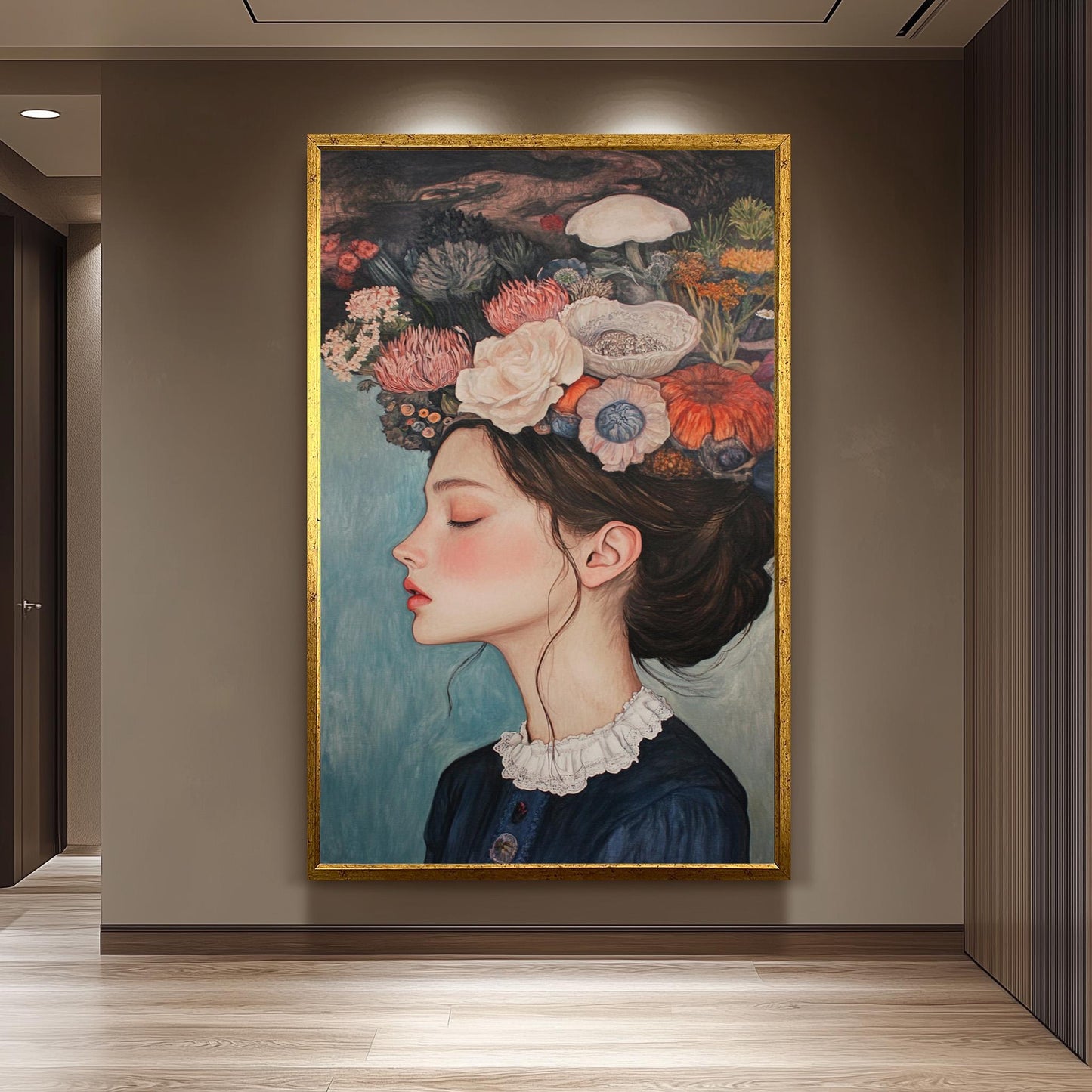Surreal Floral Woman Portrait: Elegant Vintage Style Fine Art Print