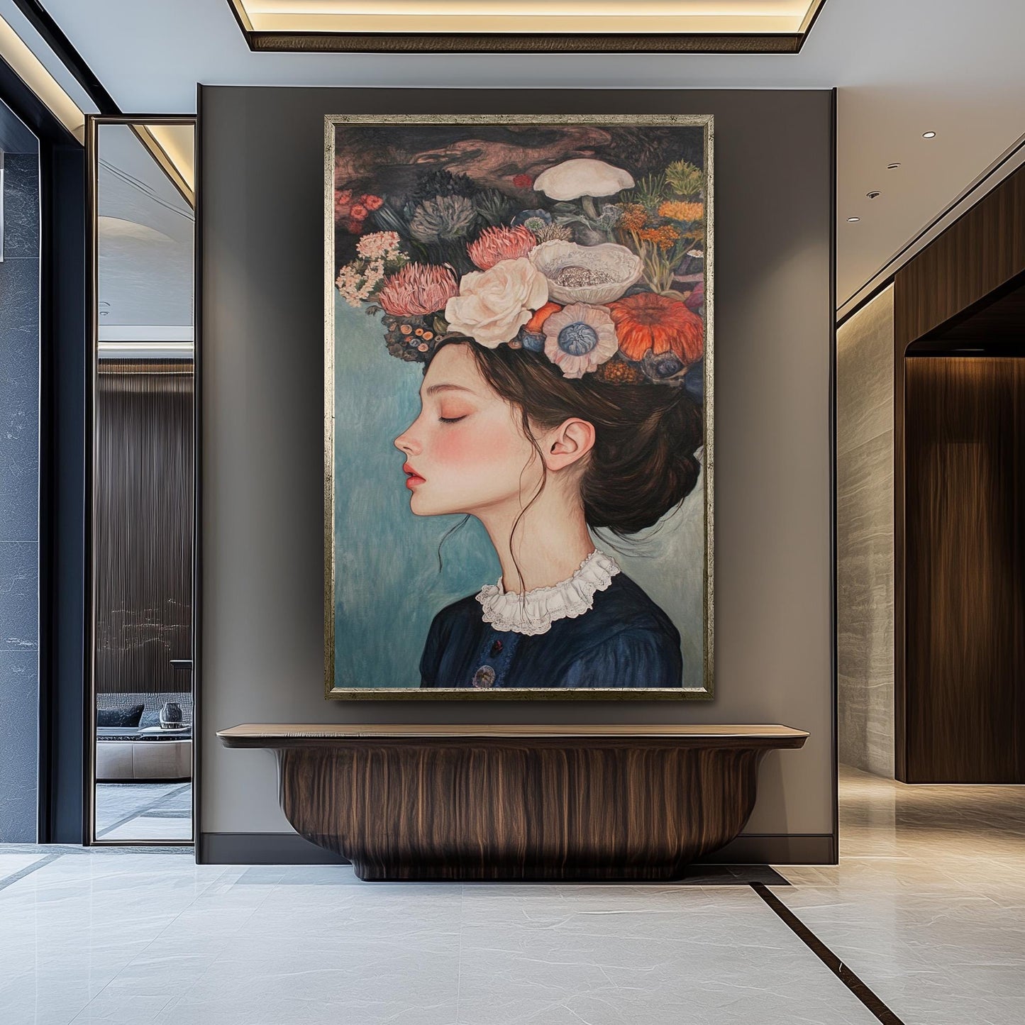 Surreal Floral Woman Portrait: Elegant Vintage Style Fine Art Print