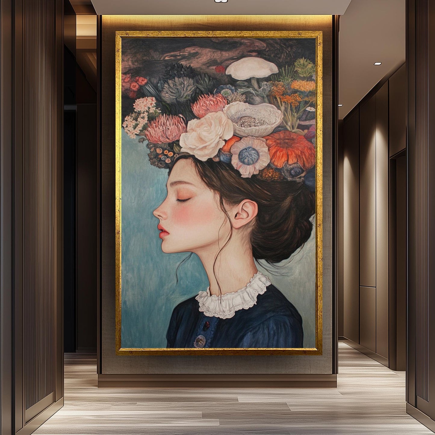 Surreal Floral Woman Portrait: Elegant Vintage Style Fine Art Print