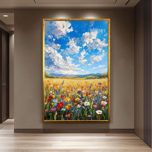Wildflower Field Landscape Painting: Vibrant Floral Meadow Canvas Art