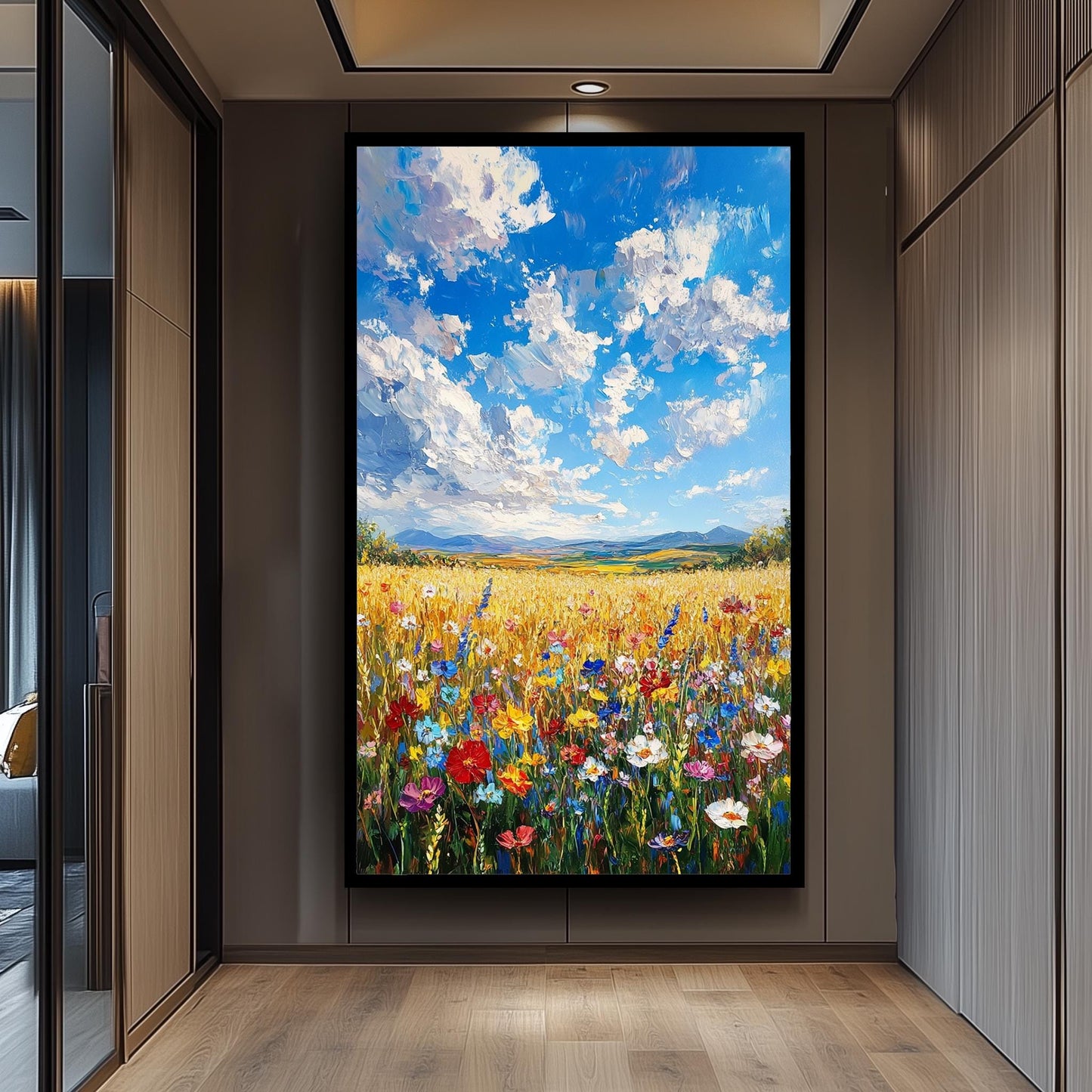 Wildflower Field Landscape Painting: Vibrant Floral Meadow Canvas Art