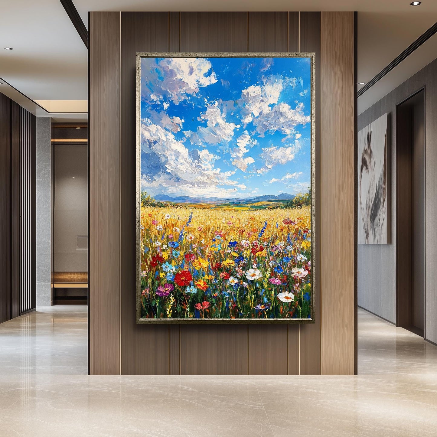 Wildflower Field Landscape Painting: Vibrant Floral Meadow Canvas Art