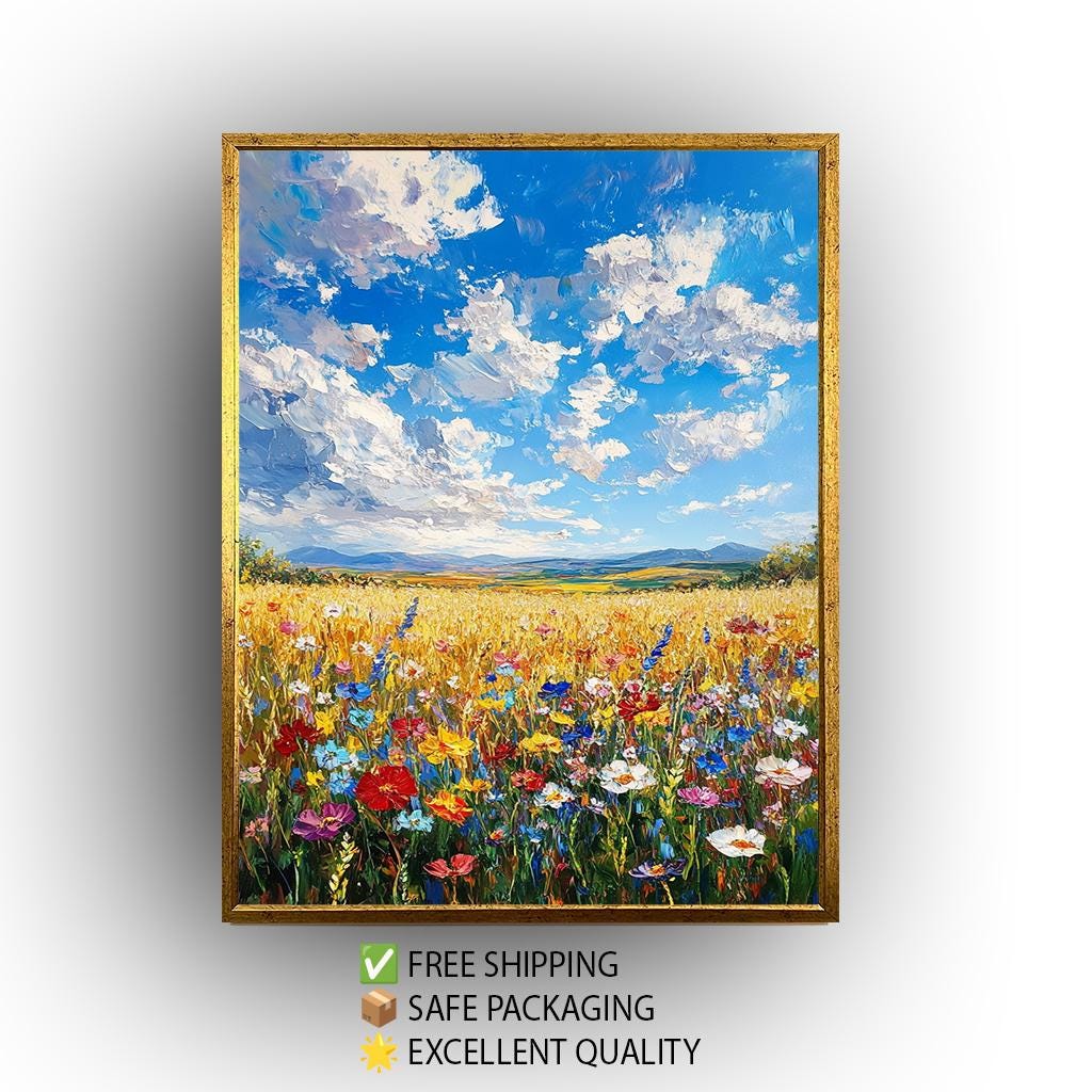 Wildflower Field Landscape Painting: Vibrant Floral Meadow Canvas Art
