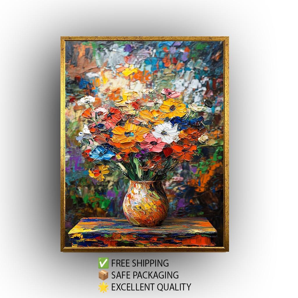 Textured Floral Oil Painting: Van Gogh Style Still Life Canvas Art