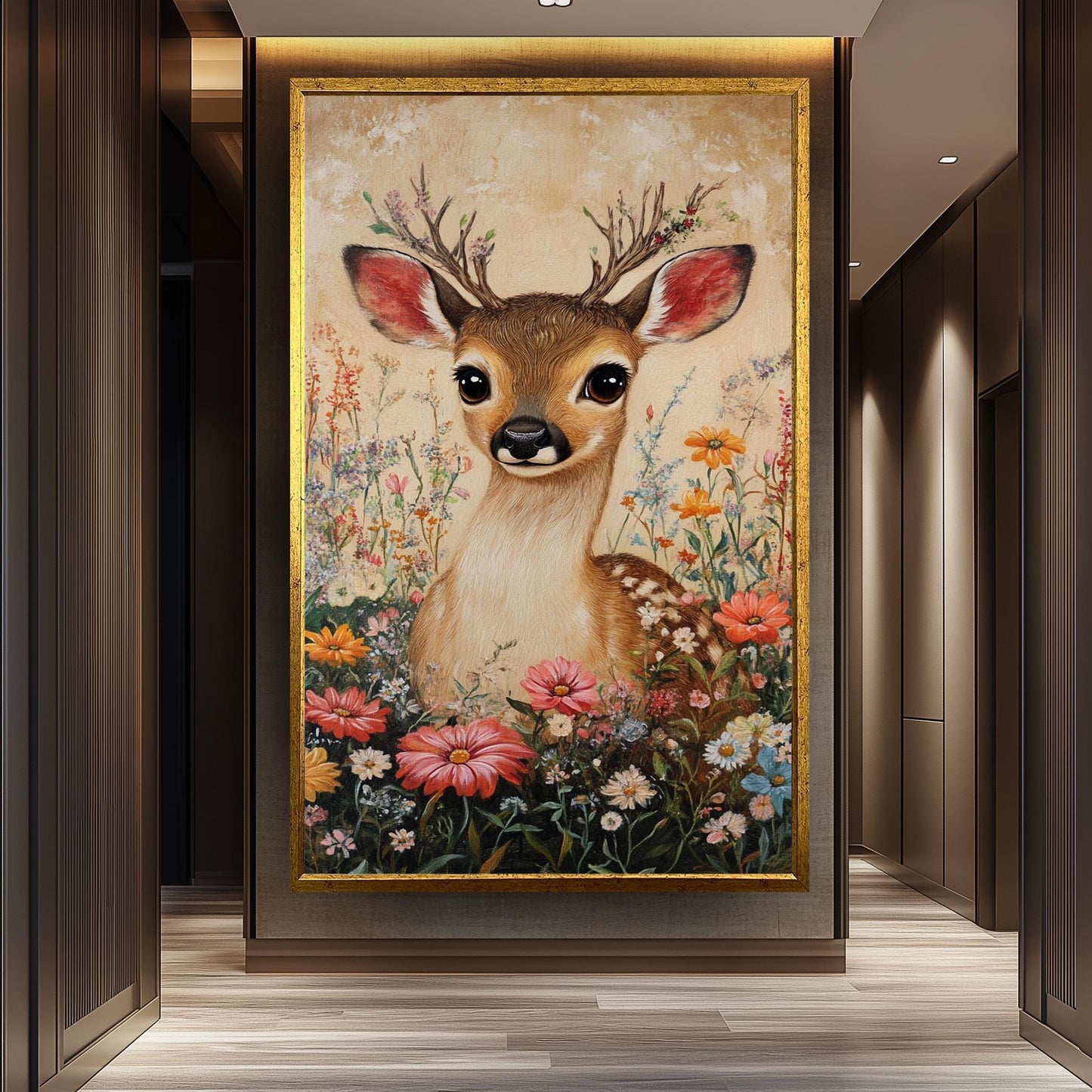 Vintage Fawn Canvas Print: Floral Woodland Animal Painting