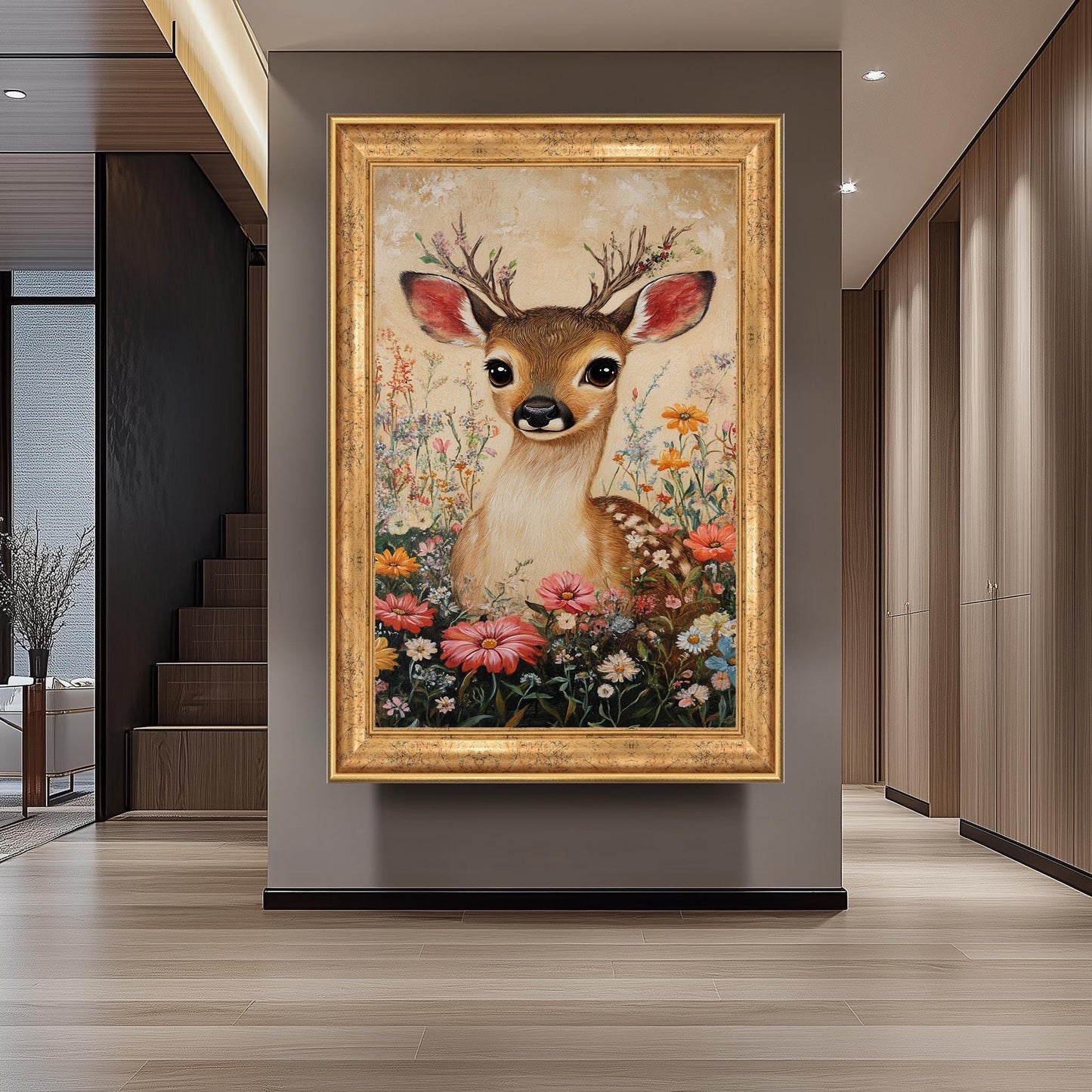 Vintage Fawn Canvas Print: Floral Woodland Animal Painting