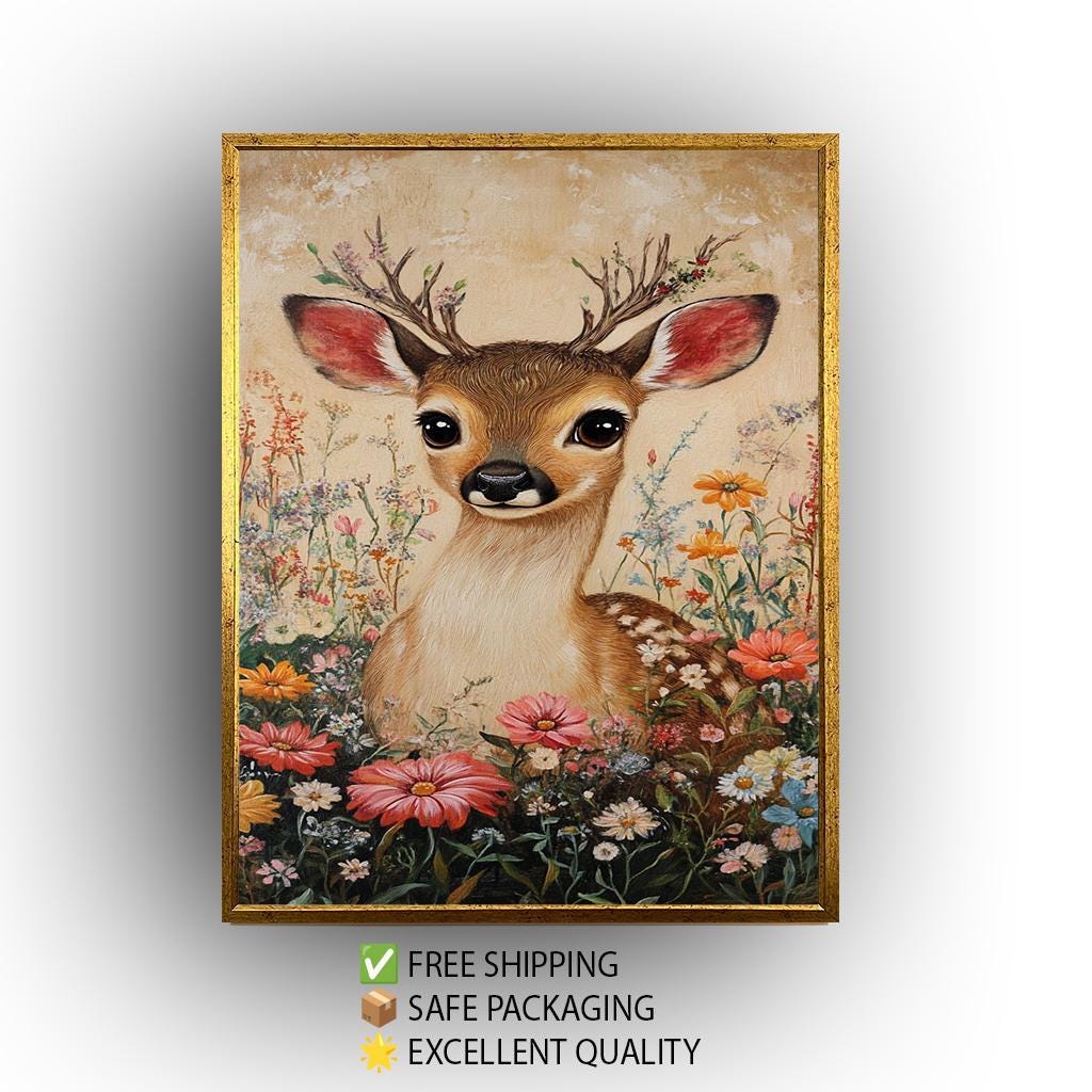 Vintage Fawn Canvas Print: Floral Woodland Animal Painting