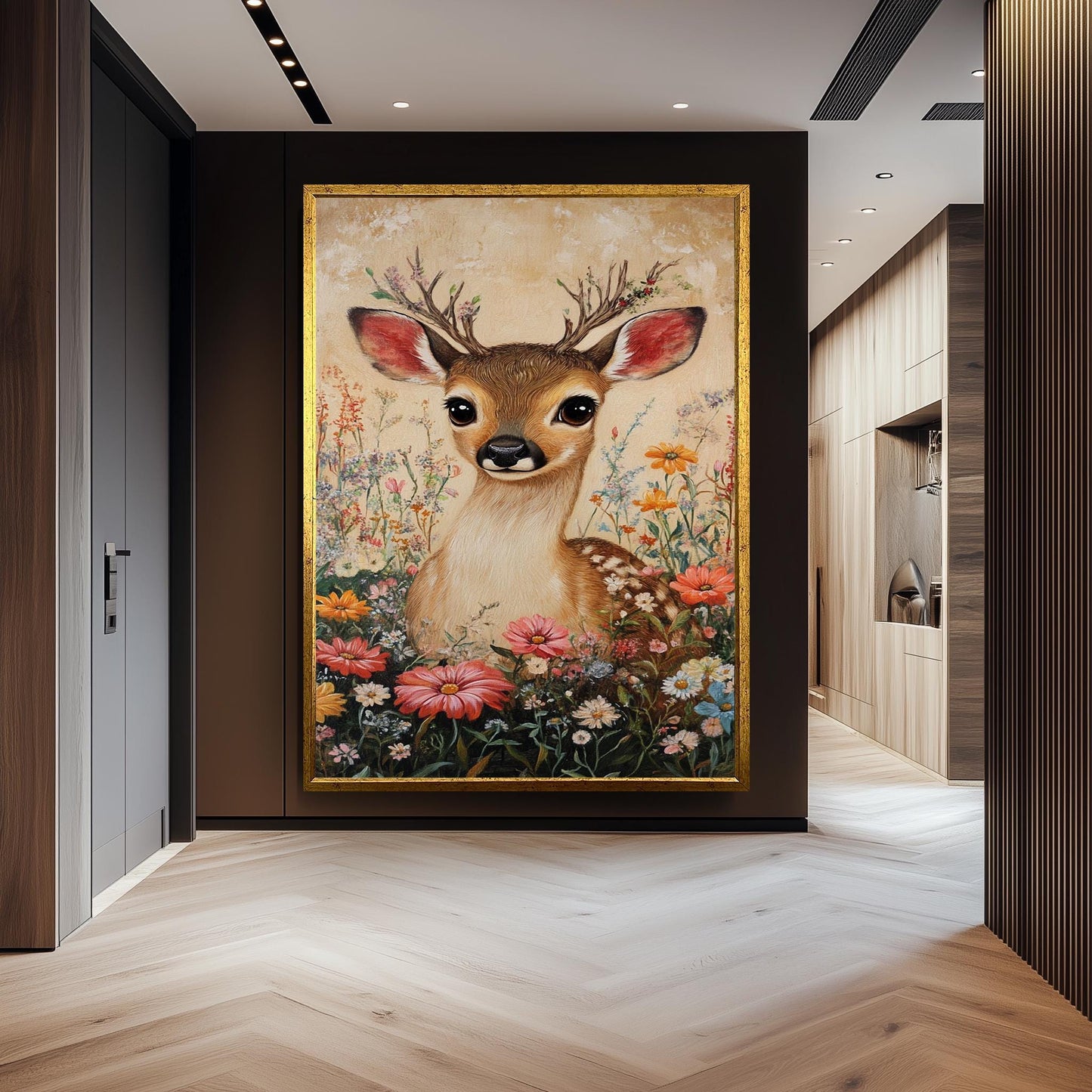 Vintage Fawn Canvas Print: Floral Woodland Animal Painting