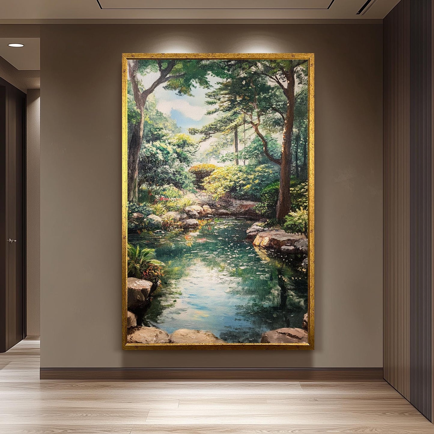 Vintage Garden Pond Oil Painting: Serene Landscape Canvas Wall Art