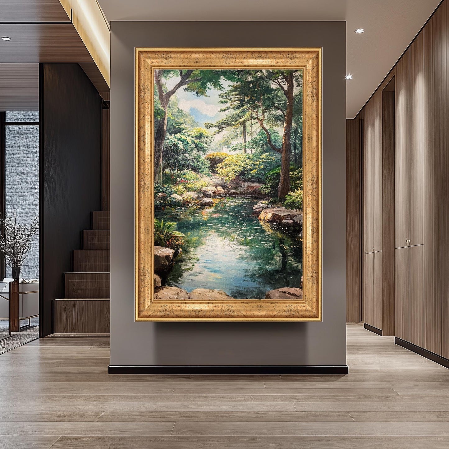 Vintage Garden Pond Oil Painting: Serene Landscape Canvas Wall Art