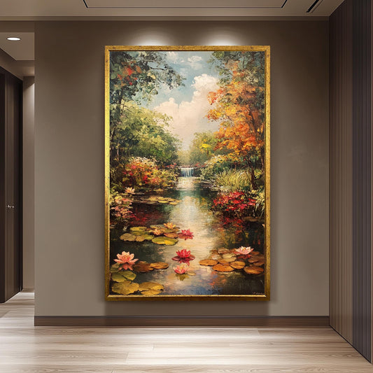 Vintage Garden Pond Oil Painting: Water Lilies, Waterfall Landscape Art Canvas