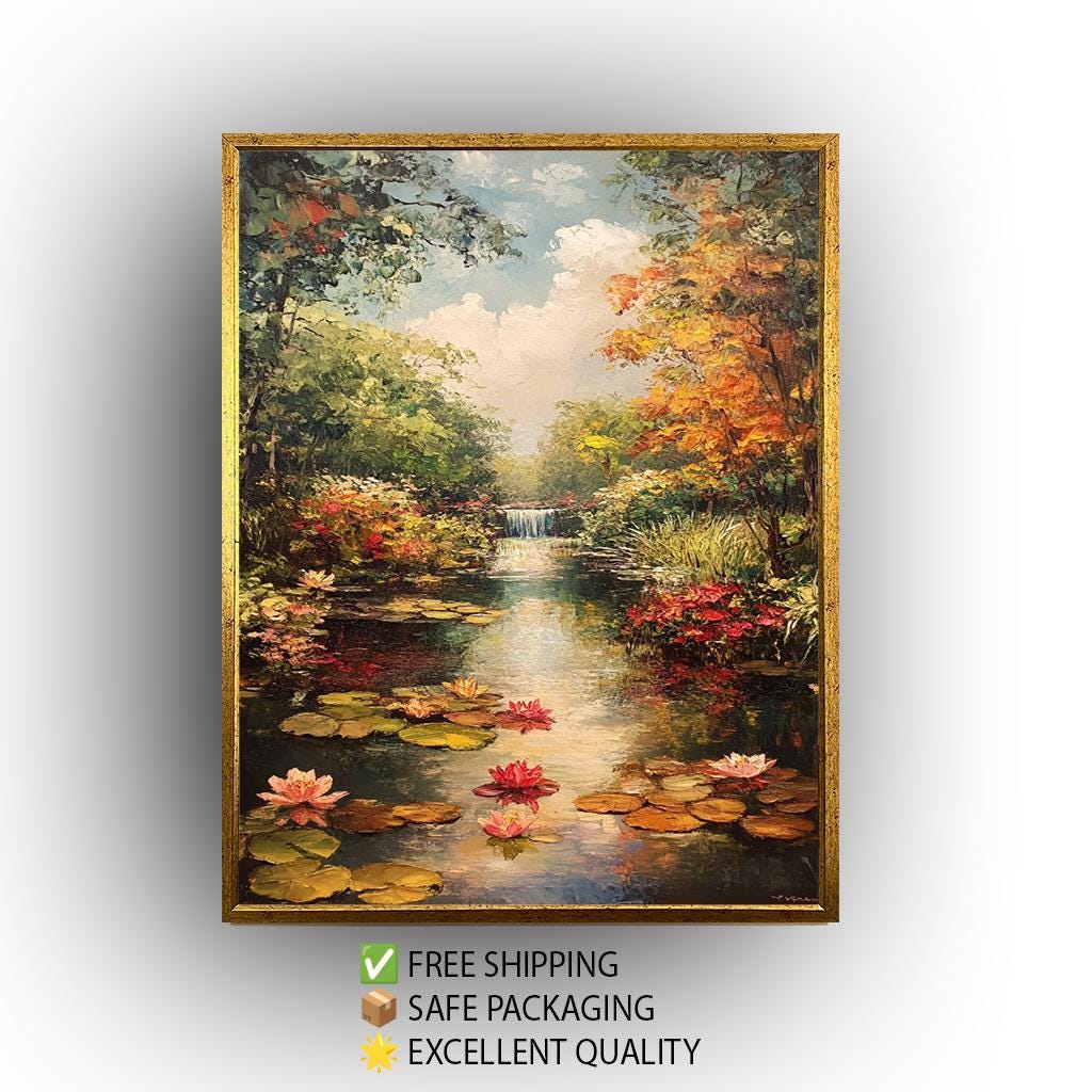Vintage Garden Pond Oil Painting: Water Lilies, Waterfall Landscape Art Canvas
