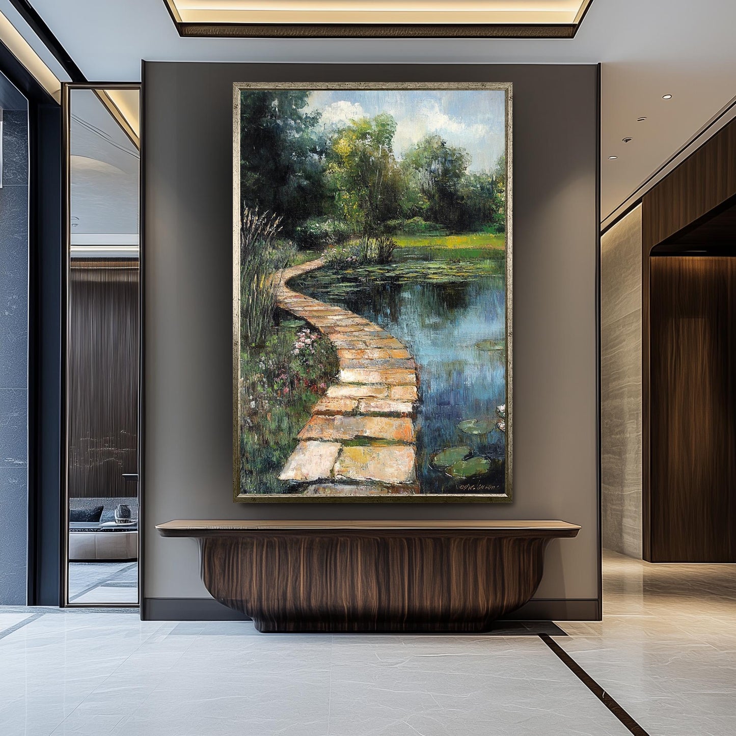 Vintage Garden Pond Oil Painting: Serene Lily Pad Landscape Art