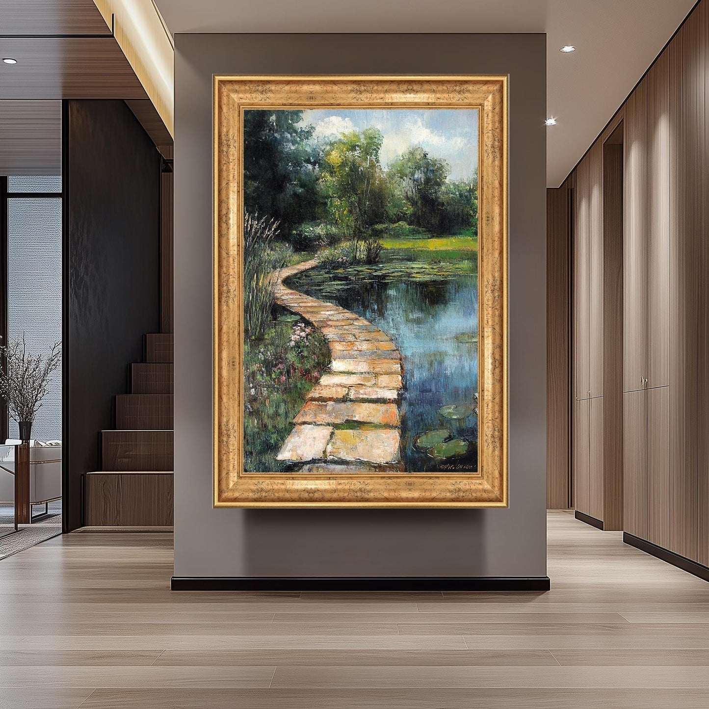 Vintage Garden Pond Oil Painting: Serene Lily Pad Landscape Art