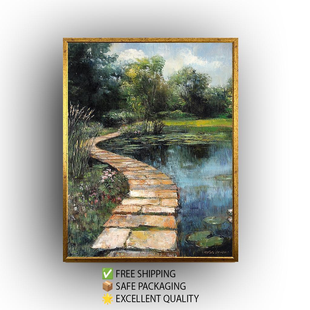 Vintage Garden Pond Oil Painting: Serene Lily Pad Landscape Art
