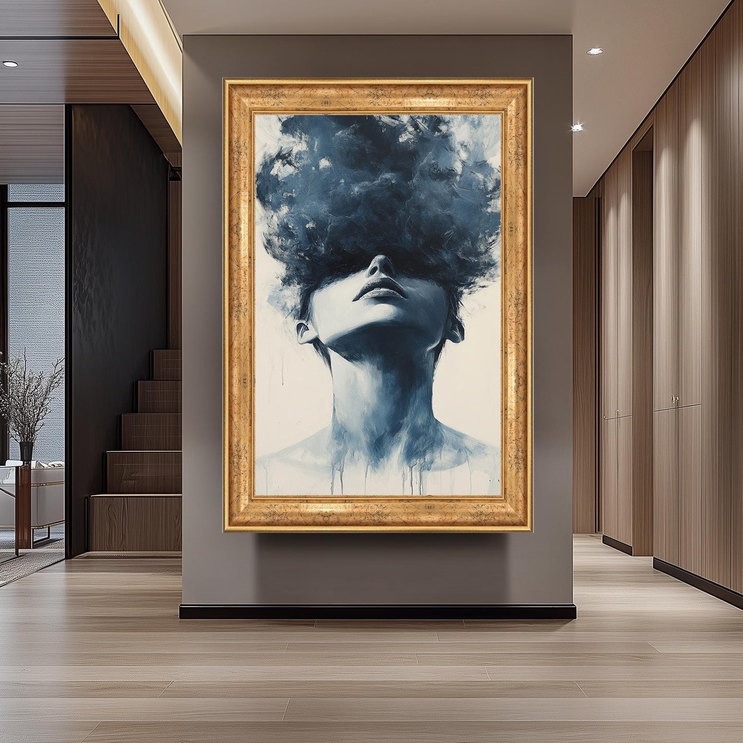 Monochrome Woman Portrait Canvas Print: Surreal Cloud Head Art