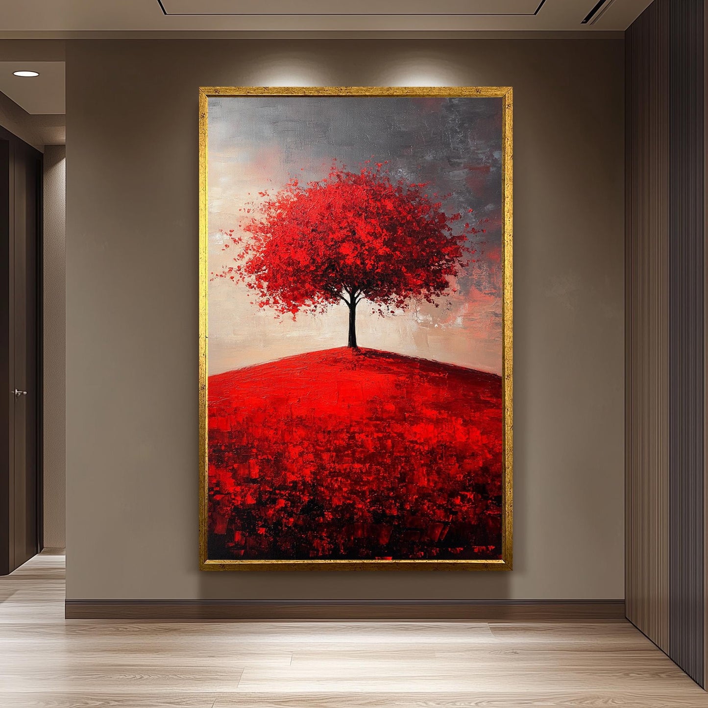 Red Tree Canvas Print: Abstract Landscape Painting, Textured Brushstrokes
