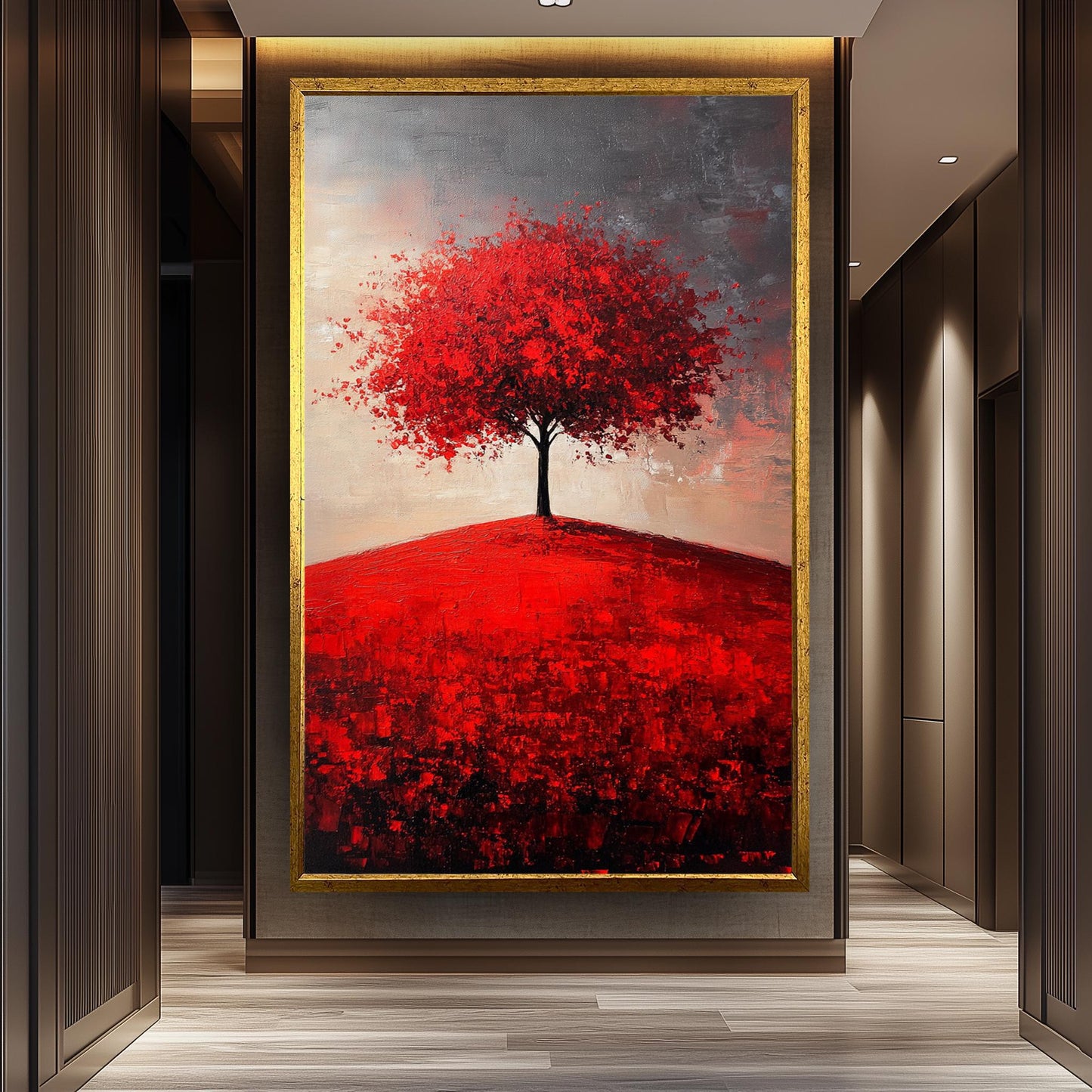 Red Tree Canvas Print: Abstract Landscape Painting, Textured Brushstrokes