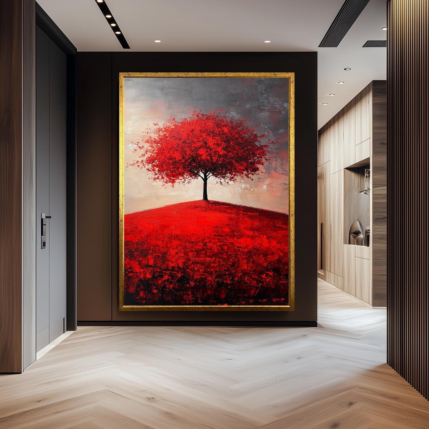 Red Tree Canvas Print: Abstract Landscape Painting, Textured Brushstrokes