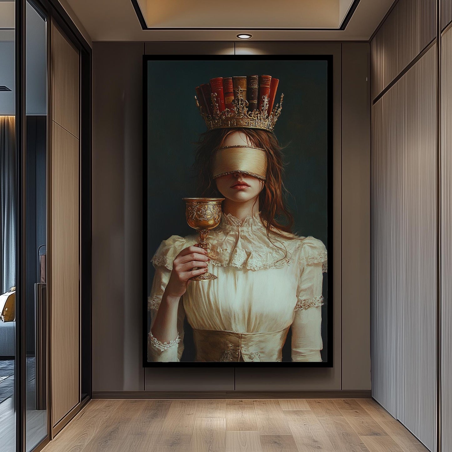 Dark Academia Canvas Art: Blindfolded Woman with Book Crown