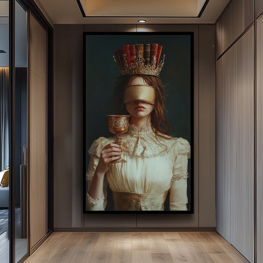 Dark Academia Canvas Art: Blindfolded Woman with Book Crown