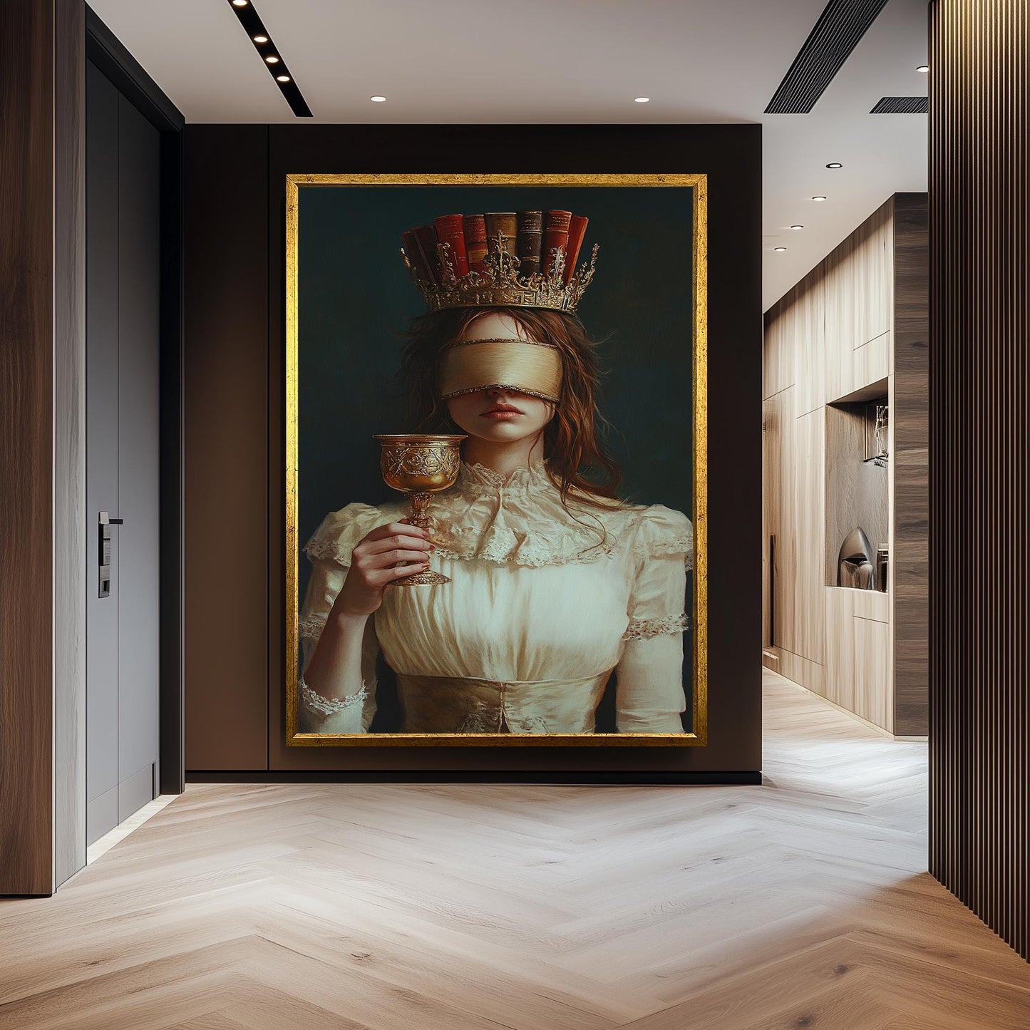 Dark Academia Canvas Art: Blindfolded Woman with Book Crown