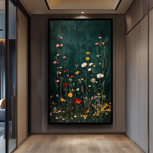Wildflower Meadow Print: Dark Green Botanical Cottagecore Wall Art