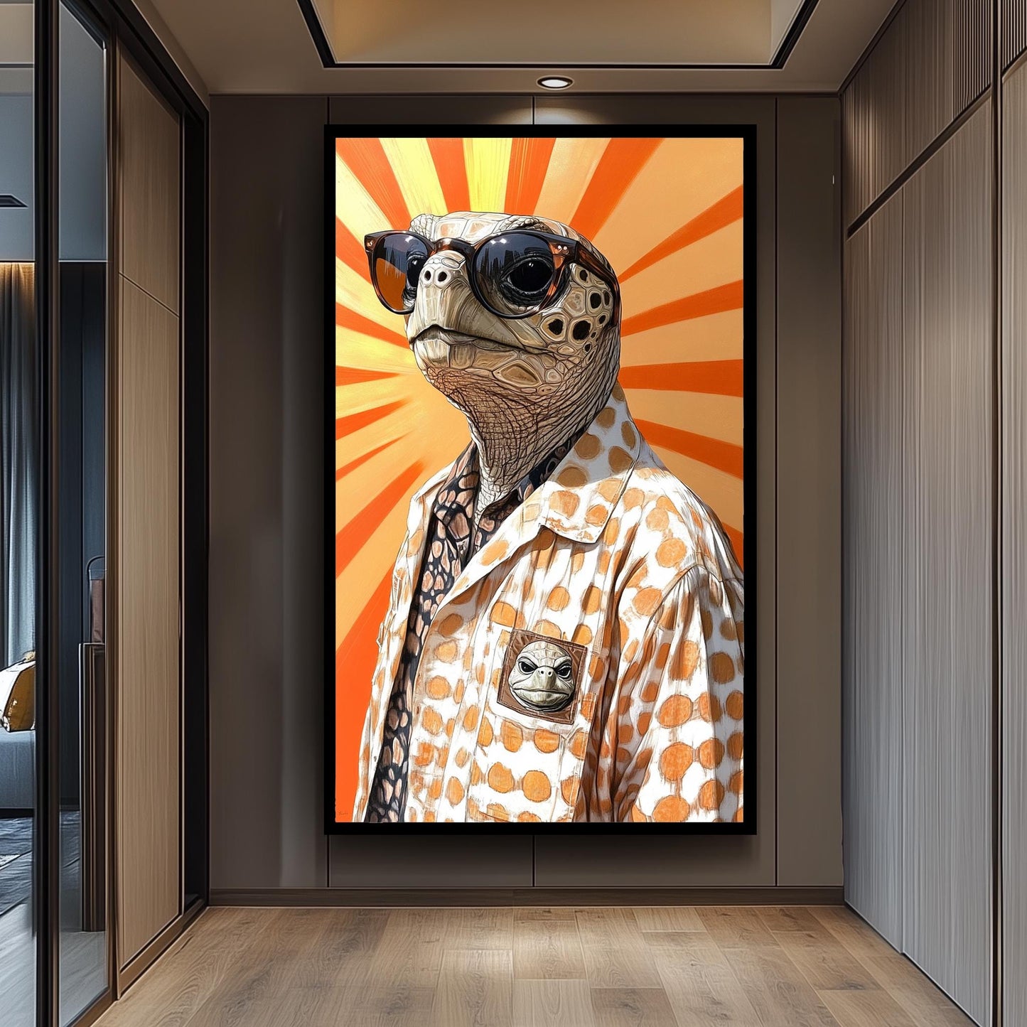 Anthropomorphic Turtle Wall Art Print, Retro Cool Turtle in Sunglasses and Polka Dot Shirt, Fun Animal Portrait for Quirky Home Decor