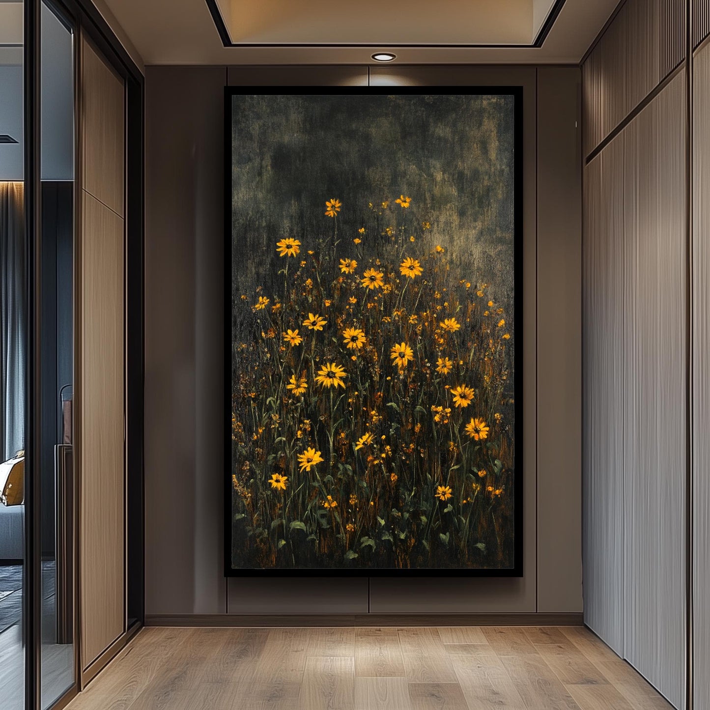 Dark Green Wildflower Field Canvas Art: Moody Floral Painting