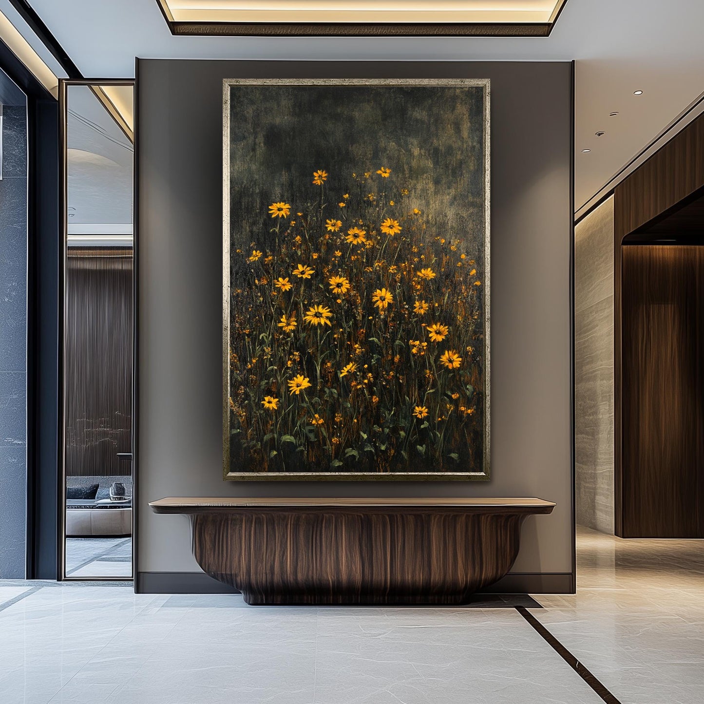 Dark Green Wildflower Field Canvas Art: Moody Floral Painting