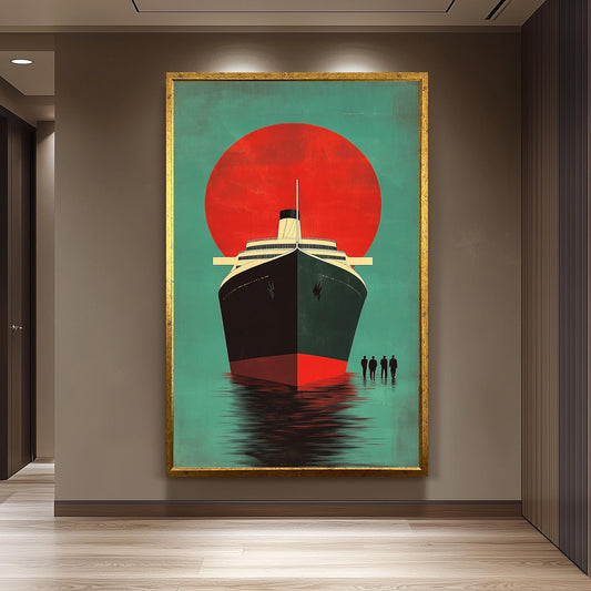 Retro Cruise Ship Art Print: Vintage Ocean Liner, Bold Red Sun