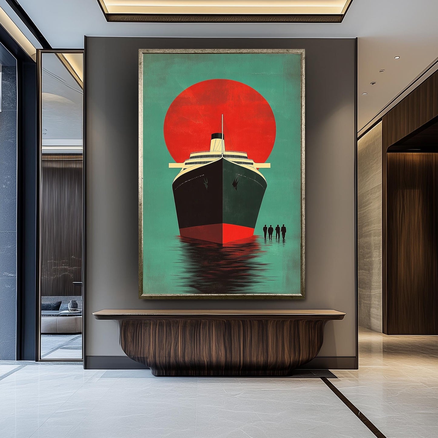 Retro Cruise Ship Art Print: Vintage Ocean Liner, Bold Red Sun