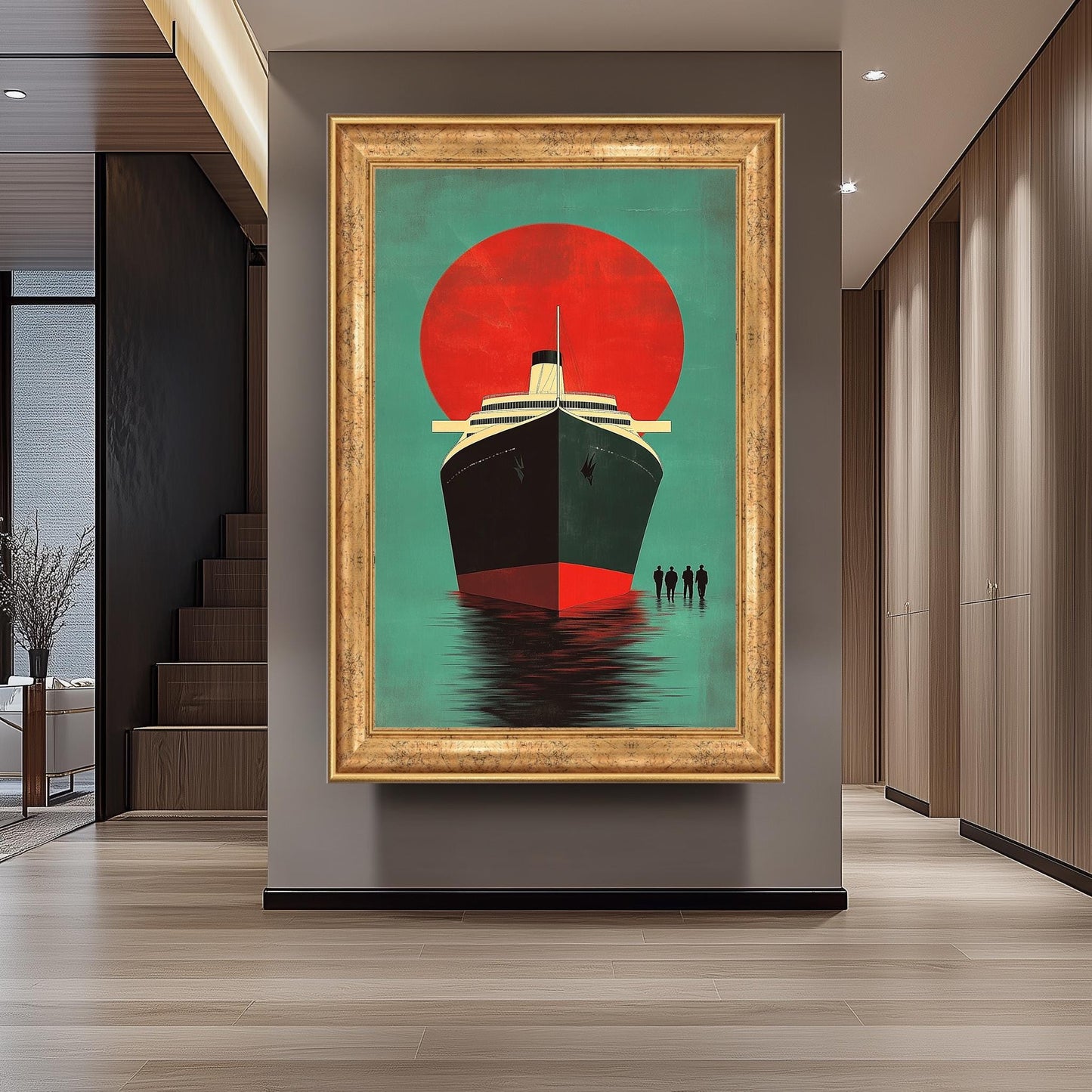 Retro Cruise Ship Art Print: Vintage Ocean Liner, Bold Red Sun