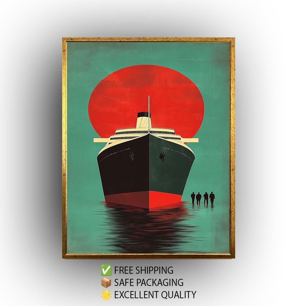 Retro Cruise Ship Art Print: Vintage Ocean Liner, Bold Red Sun