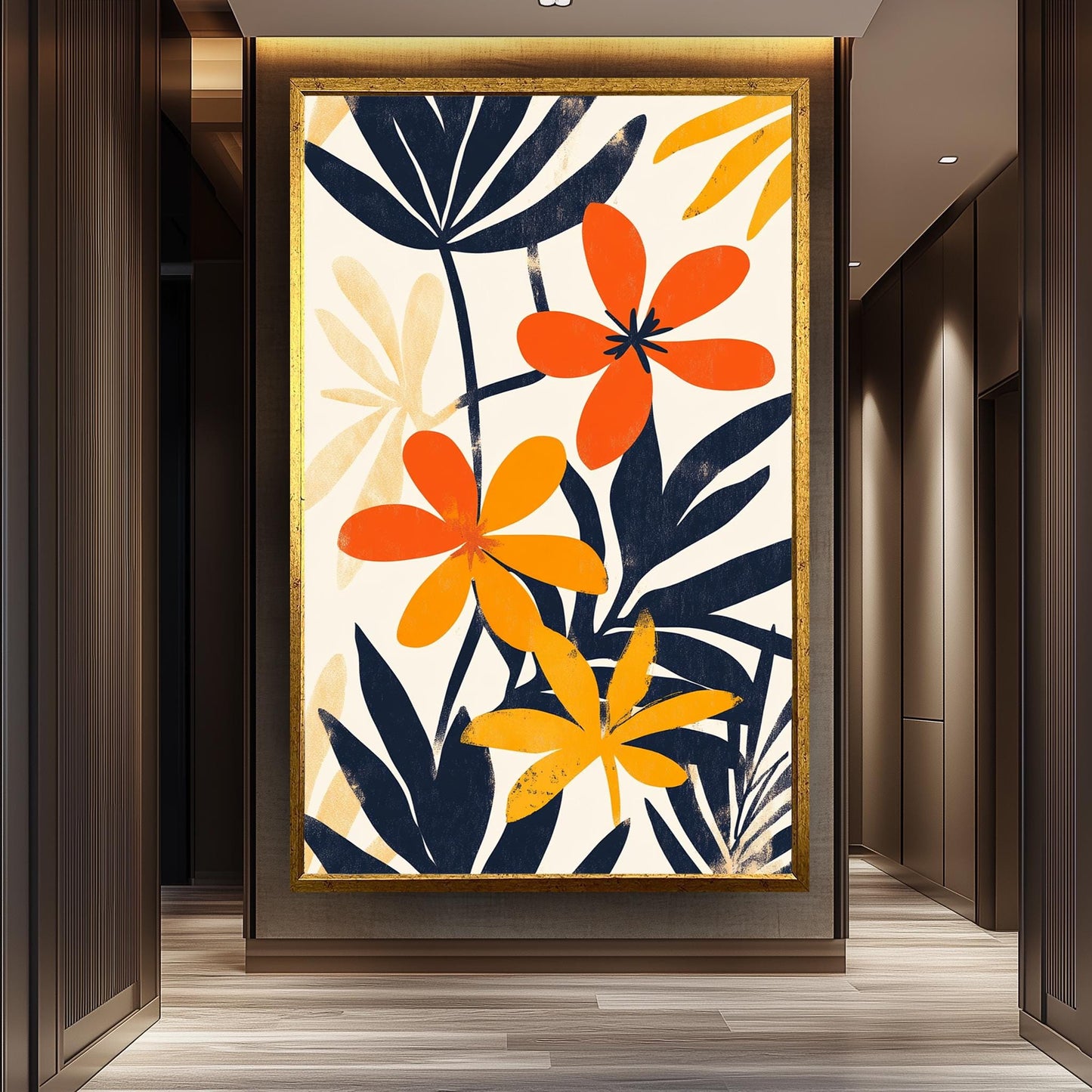 Matisse Inspired Floral Canvas Print: Orange & Navy Abstract Art
