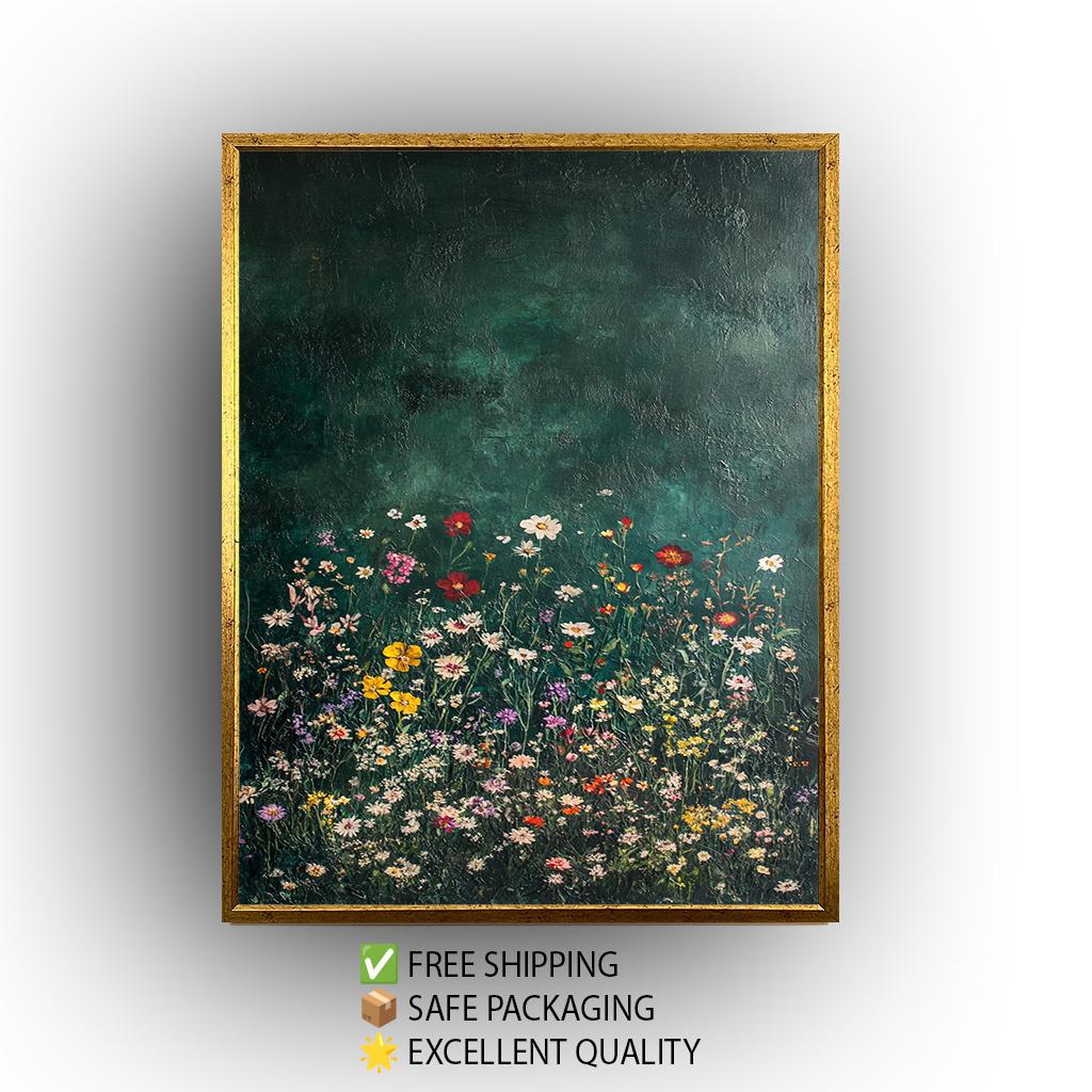Wildflower Meadow Canvas Print: Dark Green Botanical Wall Art