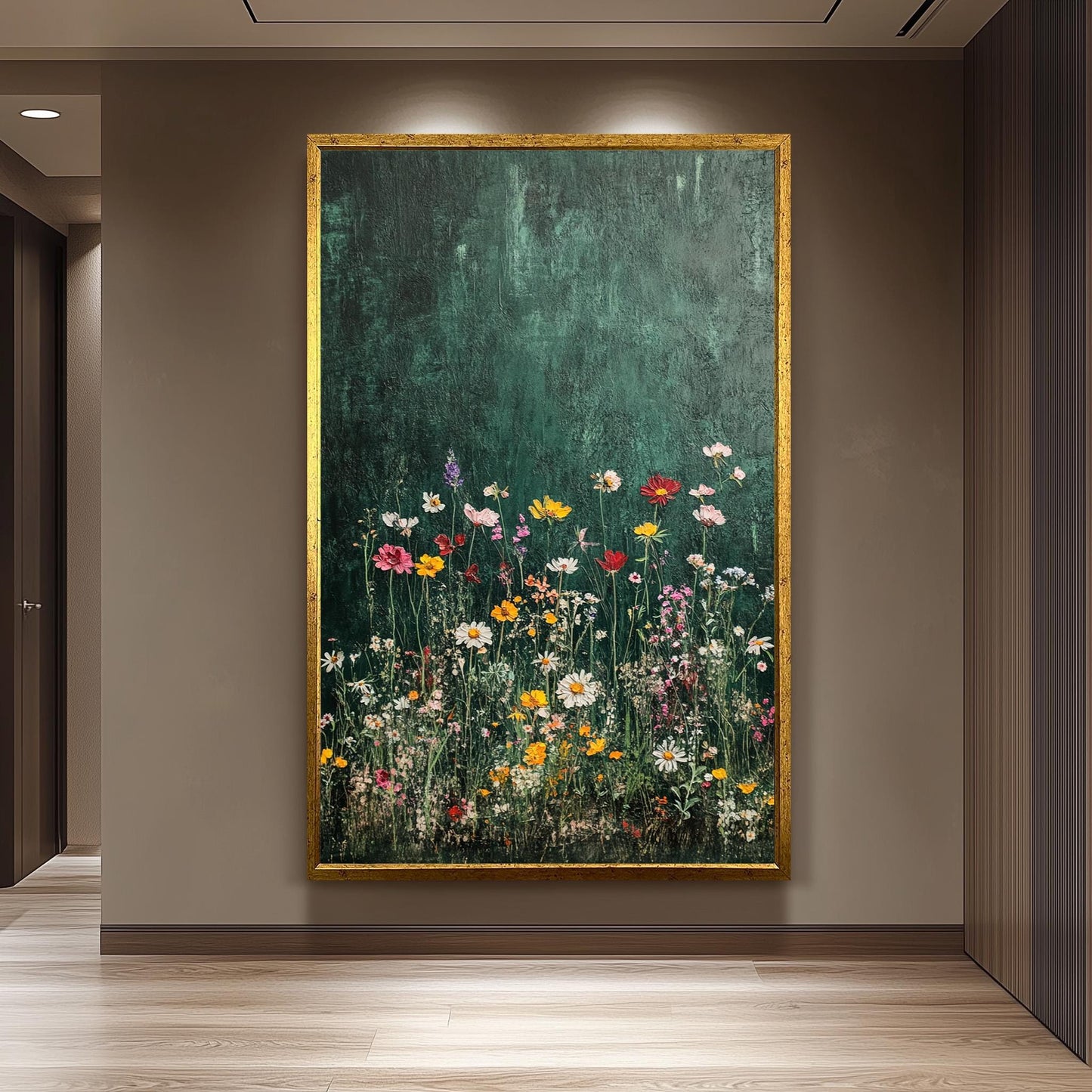 Wildflower Canvas Art: Botanical Painting on Dark Green