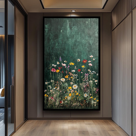 Wildflower Canvas Art: Botanical Painting on Dark Green