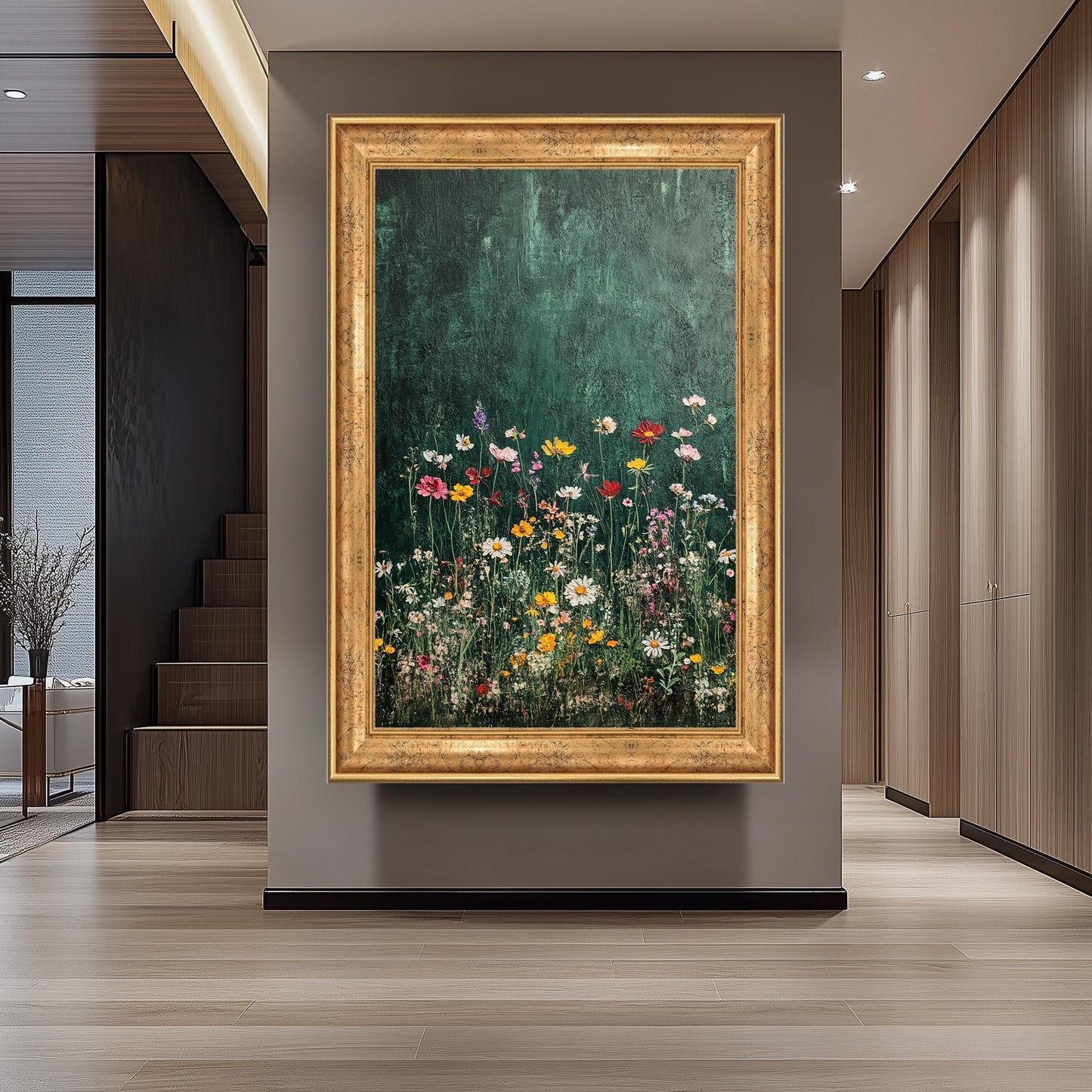 Wildflower Canvas Art: Botanical Painting on Dark Green
