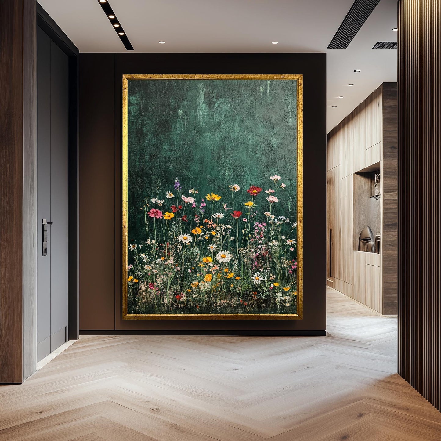Wildflower Canvas Art: Botanical Painting on Dark Green