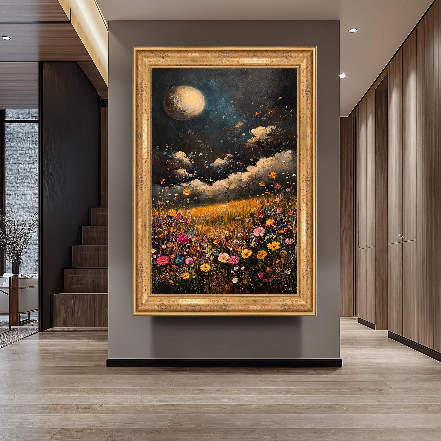 Moonlit Wildflower Field Canvas Print: Boho Floral Landscape Wall Art