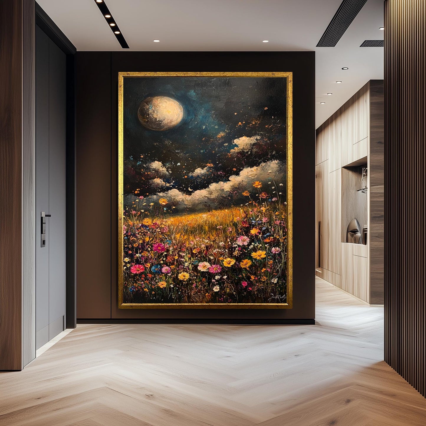Moonlit Wildflower Field Canvas Print: Boho Floral Landscape Wall Art
