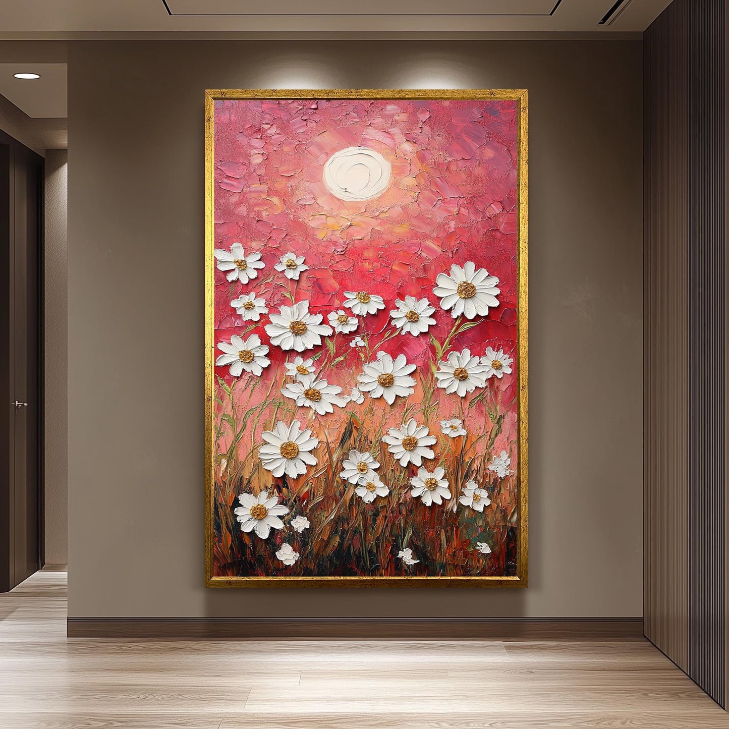 Textured Daisy Field Canvas Print: Warm Sunset, Rustic Floral Wall Art