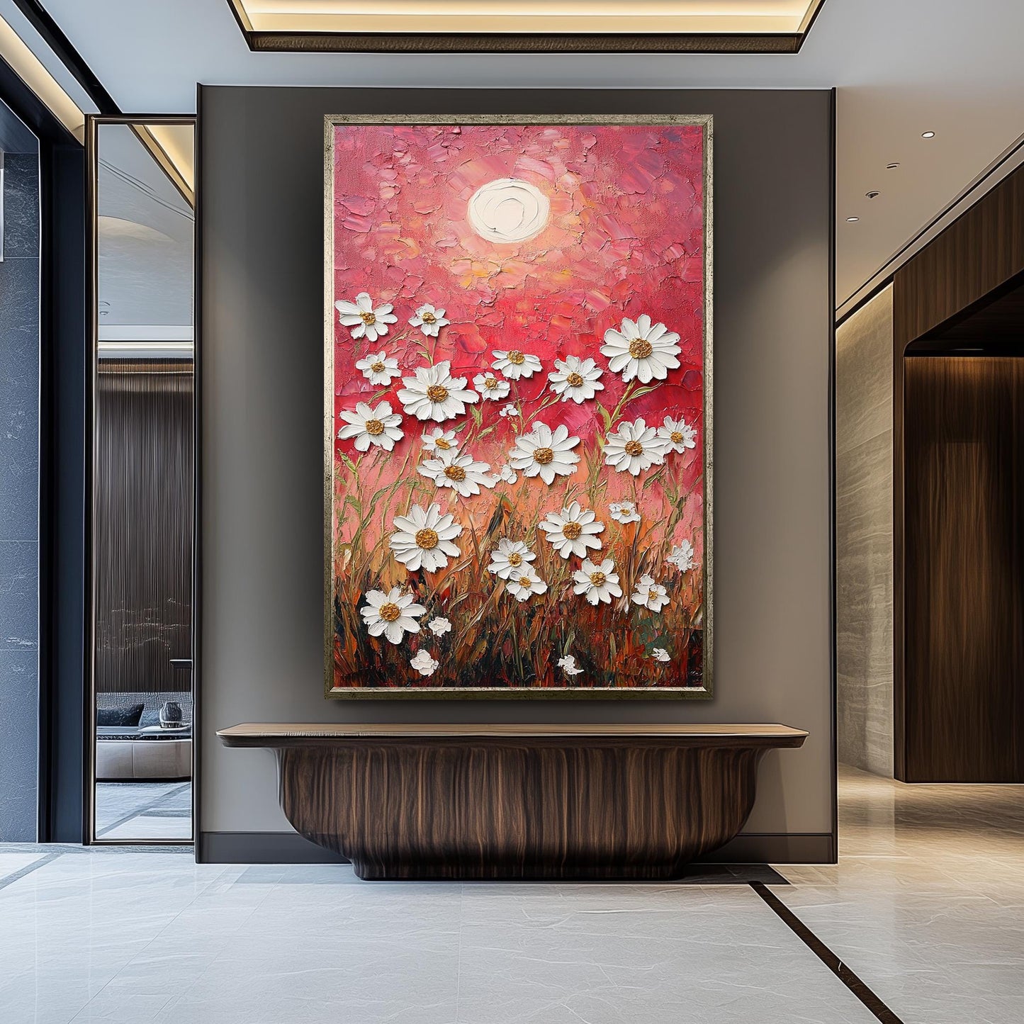 Textured Daisy Field Canvas Print: Warm Sunset, Rustic Floral Wall Art