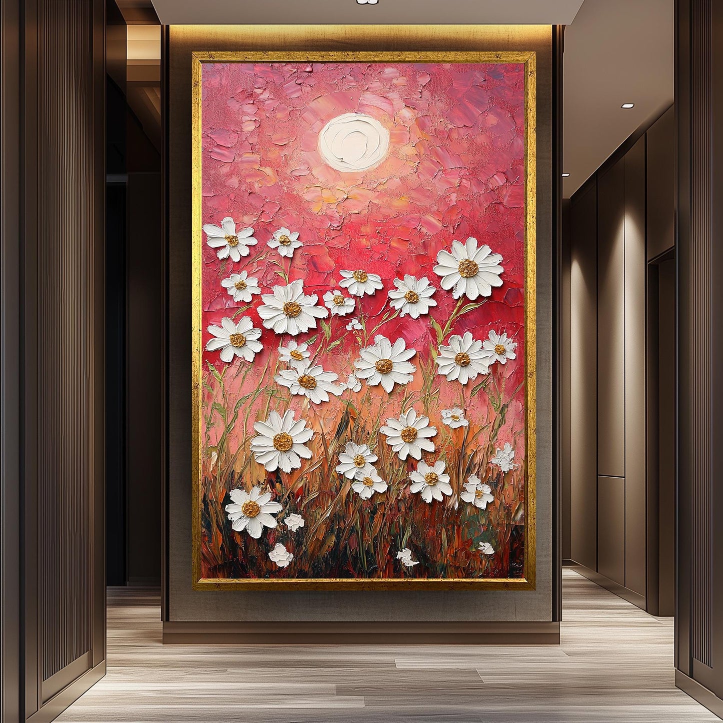 Textured Daisy Field Canvas Print: Warm Sunset, Rustic Floral Wall Art